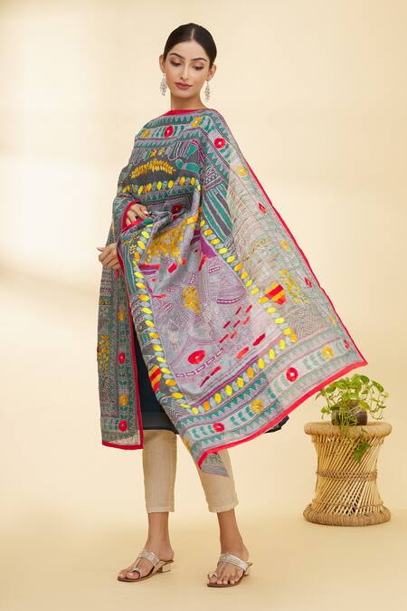 Shop_Samyukta Singhania_Blue Cotton Phulkari Dupatta_Online_at_Aza_Fashions