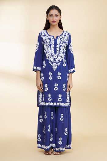 The Chikankarists_Blue Modal Cotton Chikankari Embroidered Kurta And Gharara Set_Online_at_Aza_Fashions