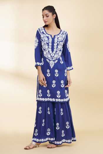 Buy_The Chikankarists_Blue Modal Cotton Chikankari Embroidered Kurta And Gharara Set_Online_at_Aza_Fashions