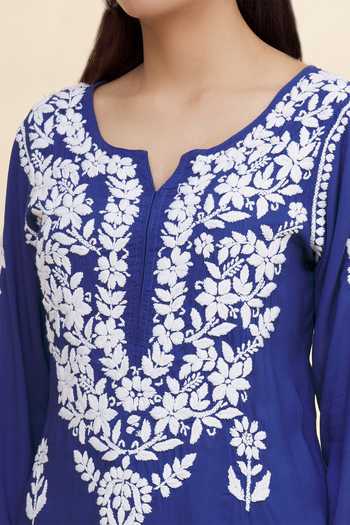 Shop_The Chikankarists_Blue Modal Cotton Chikankari Embroidered Kurta And Gharara Set_Online_at_Aza_Fashions