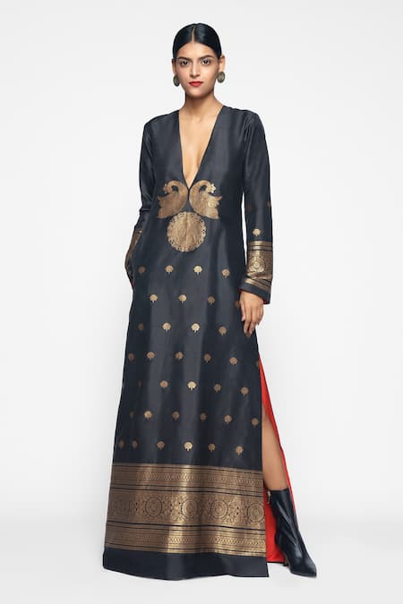 Payal Khandwala Black Silk Handwoven Plunge V Neck Slit Maxi Dress  