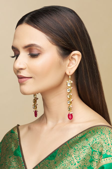 Buy_Just Shradhas_Gold Plated Pearls, Beads Kundan Drop Earrings _Online_at_Aza_Fashions