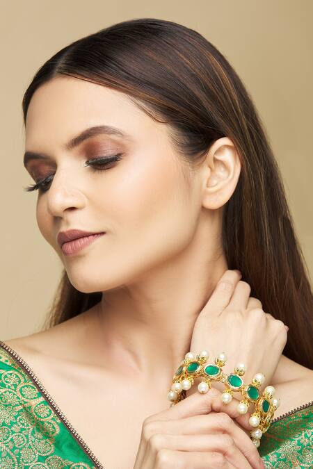 Just Shradhas_Gold Plated Pearls Kundan Studded Bangle _Online_at_Aza_Fashions