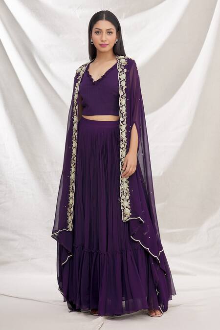 Buy_Aksh_Purple Chiffon, Georgette Sequins V Neck Tiered Skirt Set With Cape_Online_at_Aza_Fashions