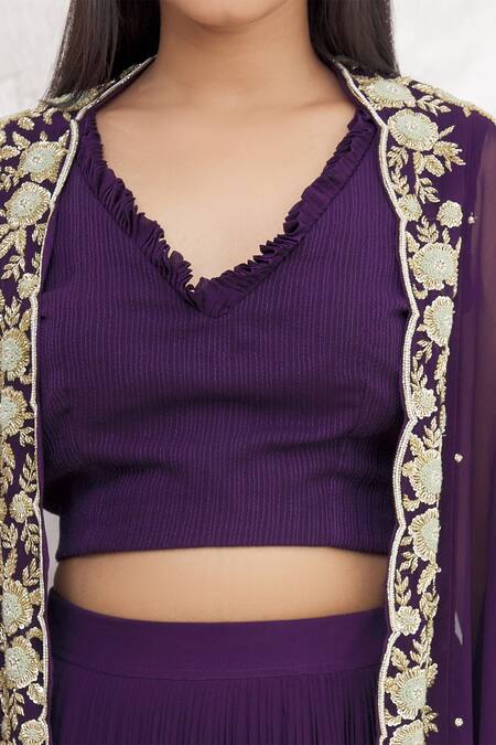 Shop_Aksh_Purple Chiffon, Georgette Sequins V Neck Tiered Skirt Set With Cape_Online_at_Aza_Fashions