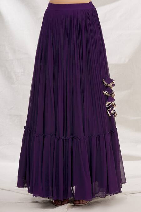 Aksh_Purple Chiffon, Georgette Sequins V Neck Tiered Skirt Set With Cape_at_Aza_Fashions
