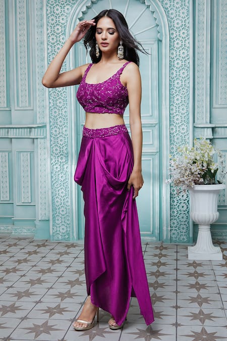 Buy_Aariyana Couture_Purple Viscose, Modal Embroidery Round Neck Striped Cape And Draped Skirt Set_Online_at_Aza_Fashions