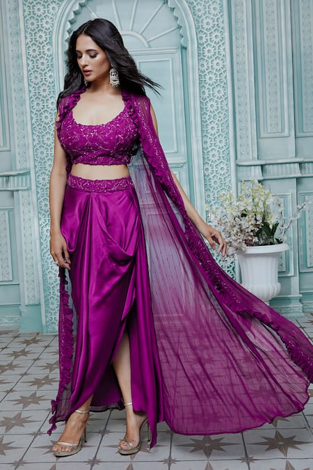 Aariyana Couture_Purple Viscose, Modal Embroidery Round Neck Striped Cape And Draped Skirt Set_Online_at_Aza_Fashions