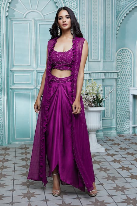 Aariyana Couture Purple Jacket Viscose Georgette Embroidered Floral Striped And Draped Skirt Set 