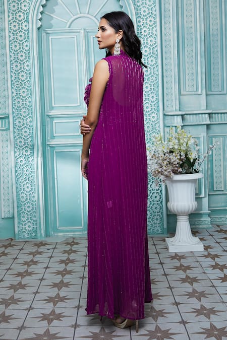 Shop_Aariyana Couture_Purple Viscose, Modal Embroidery Round Neck Striped Cape And Draped Skirt Set_Online_at_Aza_Fashions