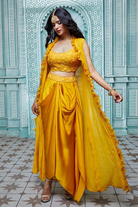 Aariyana Couture Gold Modal, Satin Embroidery Round Neck Ruffle Cape And Draped Skirt Set Online at Aza Fashions Aariyana Couture_Gold Modal, Satin Embroidery Round Neck Ruffle Cape And Draped Skirt Set_Online_at_Aza_Fashions