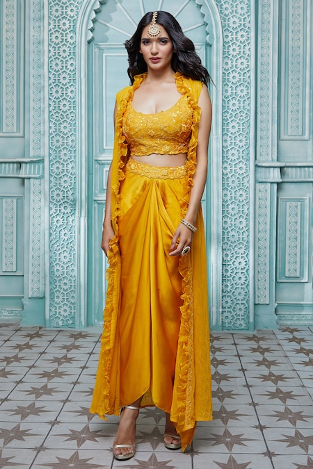 Aariyana Couture Gold Jacket Viscose Georgette Embroidered Ruffle And Draped Skirt Set 