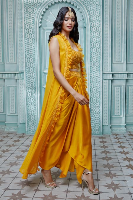 Buy Aariyana Couture Gold Modal, Satin Embroidery Round Neck Ruffle Cape And Draped Skirt Set Online at Aza Fashions Buy_Aariyana Couture_Gold Modal, Satin Embroidery Round Neck Ruffle Cape And Draped Skirt Set_Online_at_Aza_Fashions
