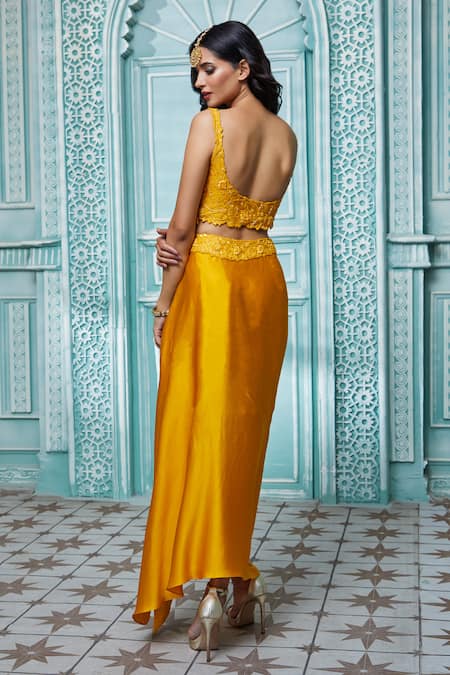 Shop Aariyana Couture Gold Modal, Satin Embroidery Round Neck Ruffle Cape And Draped Skirt Set at Aza Fashions Shop_Aariyana Couture_Gold Modal, Satin Embroidery Round Neck Ruffle Cape And Draped Skirt Set_at_Aza_Fashions