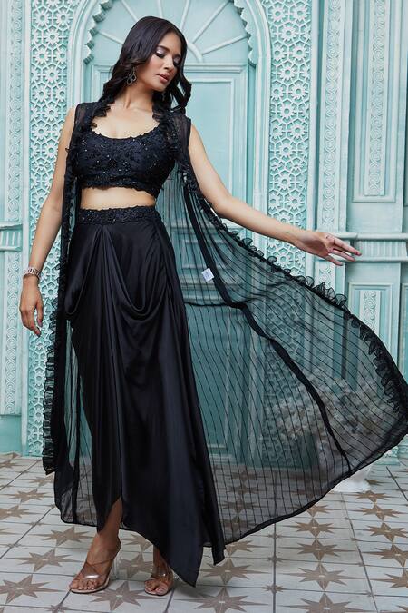 Buy_Aariyana Couture_Black Denim, Viscose, Modal Embroidery Round Striped Cape And Draped Skirt Set _Online_at_Aza_Fashions