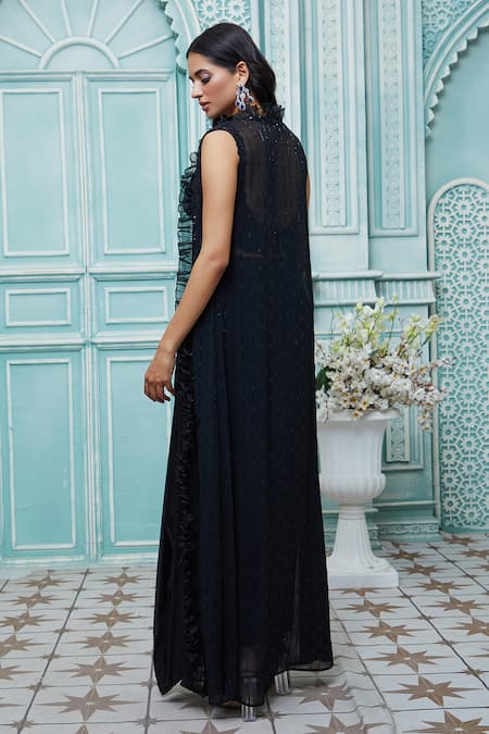 Aariyana Couture_Black Denim, Viscose, Modal Embroidery Round Striped Cape And Draped Skirt Set _at_Aza_Fashions