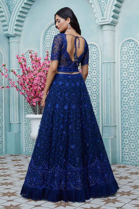 Ariyana By Aza_Blue Net Tassels, Embroidery Plunge Neck Floral Bridal Lehenga Set _Online_at_Aza_Fashions