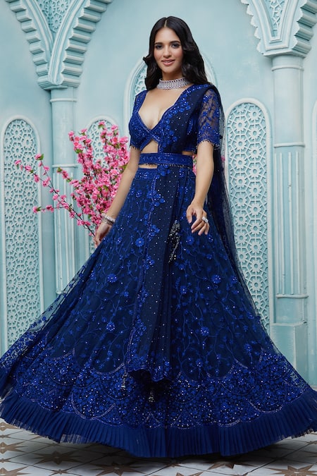 Shop_Ariyana By Aza_Blue Net Tassels, Embroidery Plunge Neck Floral Bridal Lehenga Set _Online_at_Aza_Fashions