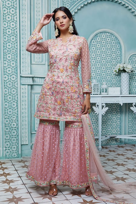 Aariyana Couture_Peach Net Embroidery Split V-neck Floral Kurta Sharara Set_Online_at_Aza_Fashions