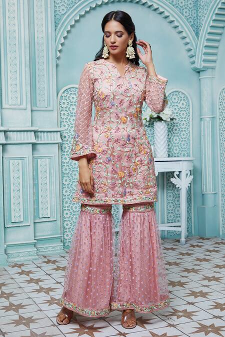 Shop_Aariyana Couture_Peach Net Embroidery Split V-neck Floral Kurta Sharara Set_Online_at_Aza_Fashions