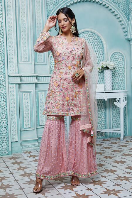 Buy_Aariyana Couture_Peach Net Embroidery Split V-neck Floral Kurta Sharara Set_Online_at_Aza_Fashions