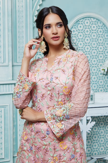 Aariyana Couture_Peach Net Embroidery Split V-neck Floral Kurta Sharara Set_at_Aza_Fashions