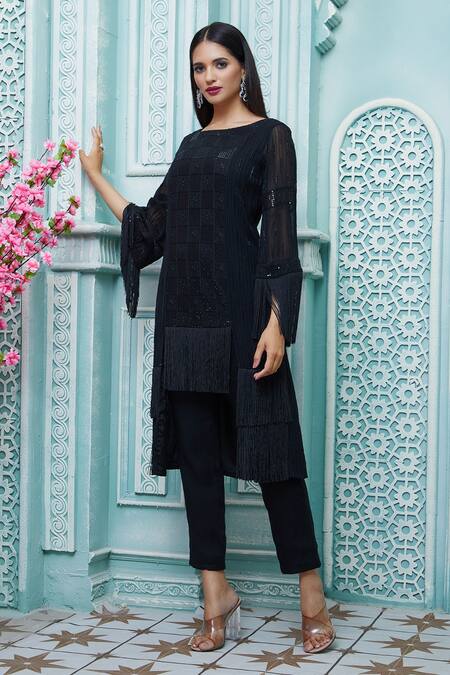 Aariyana Couture_Black Viscose, Georgette, Modal, Crepe Embroidery Boat Neck Kurta And Pant Set_Online_at_Aza_Fashions