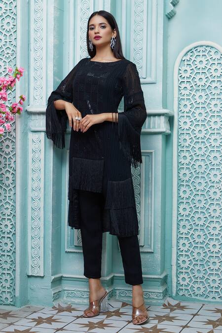Shop_Aariyana Couture_Black Viscose, Georgette, Modal, Crepe Embroidery Boat Neck Kurta And Pant Set_Online_at_Aza_Fashions