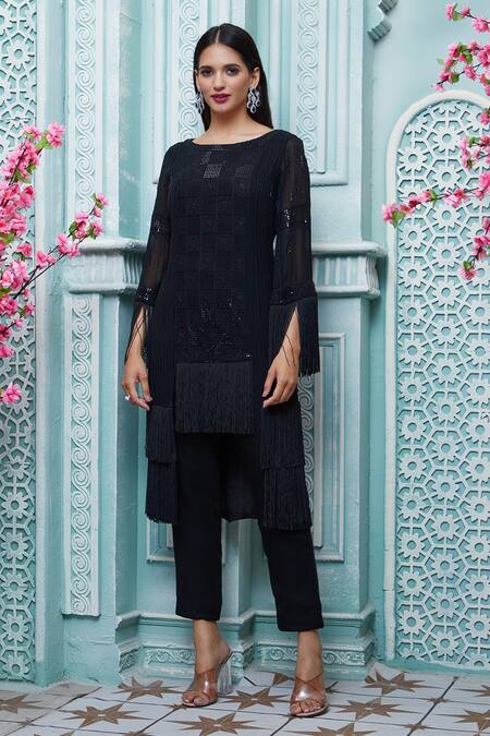 Buy_Aariyana Couture_Black Viscose, Georgette, Modal, Crepe Embroidery Boat Neck Kurta And Pant Set_Online_at_Aza_Fashions