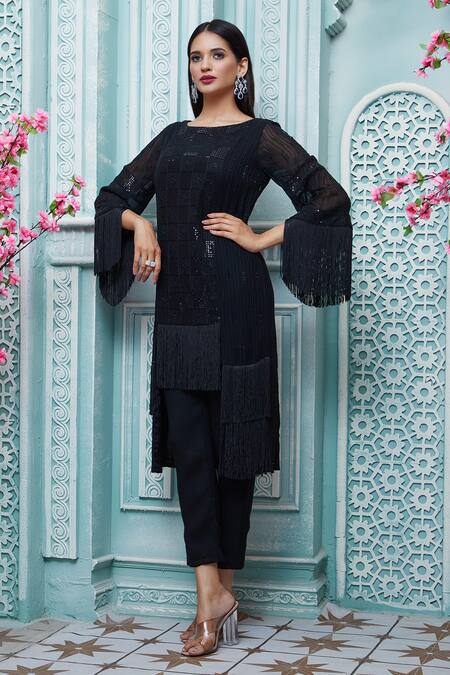 Aariyana Couture_Black Viscose, Georgette, Modal, Crepe Embroidery Boat Neck Kurta And Pant Set_at_Aza_Fashions