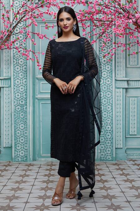Aariyana Couture Black Viscose, Net Embroidery Boat Neck Kurta Set Online at Aza Fashions Aariyana Couture_Black Viscose, Net Embroidery Boat Neck Kurta Set_Online_at_Aza_Fashions