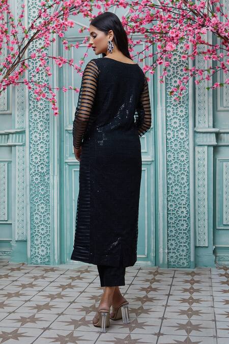 Shop Aariyana Couture Black Viscose, Net Embroidery Boat Neck Kurta Set at Aza Fashions Shop_Aariyana Couture_Black Viscose, Net Embroidery Boat Neck Kurta Set_at_Aza_Fashions