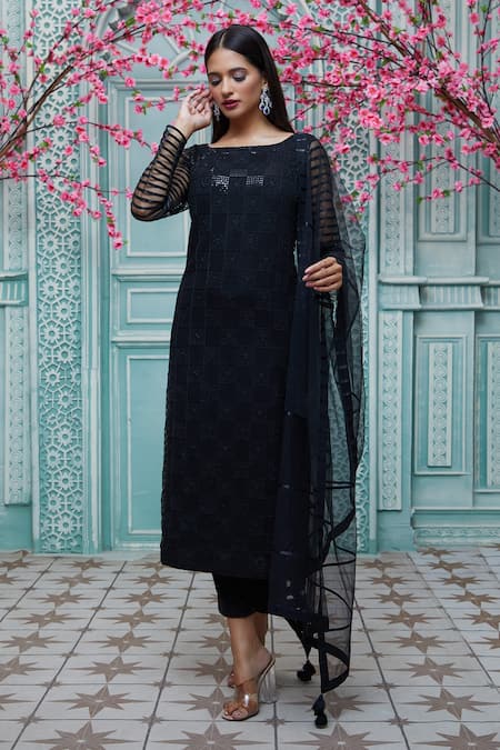 Shop Floral embroidery sheer tulle A-line dress | eShakti