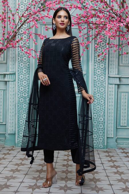 Buy Aariyana Couture Black Viscose, Net Embroidery Boat Neck Kurta Set Online at Aza Fashions Buy_Aariyana Couture_Black Viscose, Net Embroidery Boat Neck Kurta Set_Online_at_Aza_Fashions