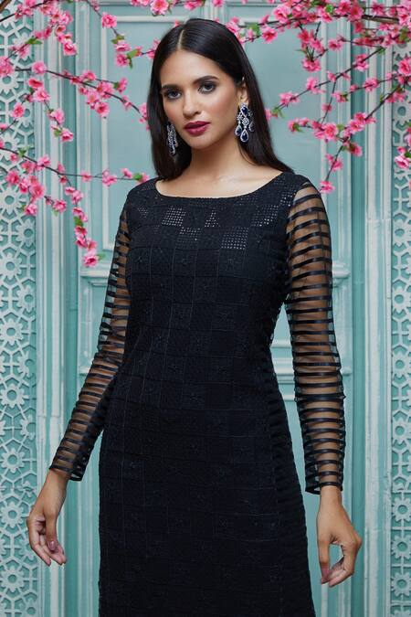 Aariyana Couture Black Viscose, Net Embroidery Boat Neck Kurta Set at Aza Fashions Aariyana Couture_Black Viscose, Net Embroidery Boat Neck Kurta Set_at_Aza_Fashions