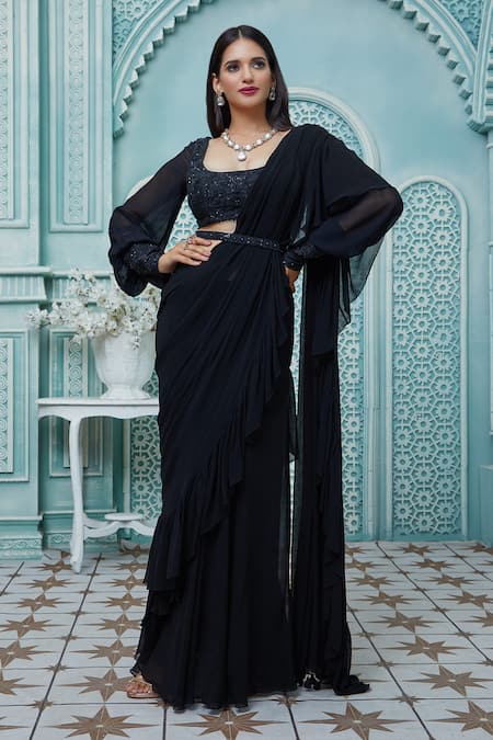 Buy Black Saree With Stitched Blouse Party Wear Saree Designer Online in  India - Etsy | Black saree designs, Elegant saree, Saree look