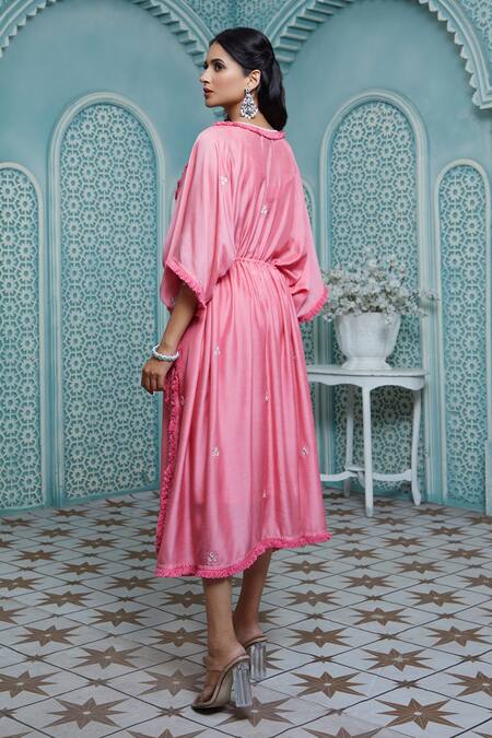 Shop Aariyana Couture Peach Cotton, Silk Fringe Split V-neck Floral Embroidered Kaftan at Aza Fashions Shop_Aariyana Couture_Peach Cotton, Silk Fringe Split V-neck Floral Embroidered Kaftan_at_Aza_Fashions