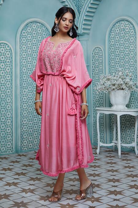 Aariyana Couture Peach Cotton, Silk Fringe Split V-neck Floral Embroidered Kaftan Online at Aza Fashions Aariyana Couture_Peach Cotton, Silk Fringe Split V-neck Floral Embroidered Kaftan_Online_at_Aza_Fashions