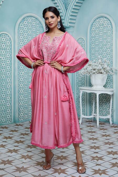 Buy Aariyana Couture Peach Cotton, Silk Fringe Split V-neck Floral Embroidered Kaftan Online at Aza Fashions Buy_Aariyana Couture_Peach Cotton, Silk Fringe Split V-neck Floral Embroidered Kaftan_Online_at_Aza_Fashions