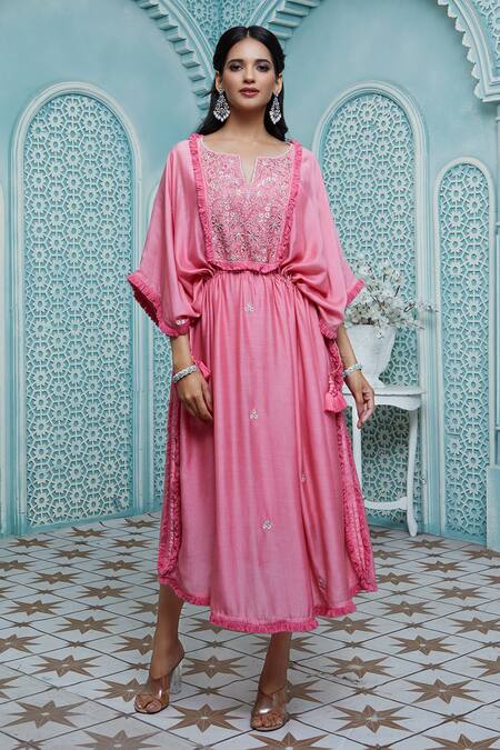 Shop Aariyana Couture Peach Cotton, Silk Fringe Split V-neck Floral Embroidered Kaftan Online at Aza Fashions Shop_Aariyana Couture_Peach Cotton, Silk Fringe Split V-neck Floral Embroidered Kaftan_Online_at_Aza_Fashions