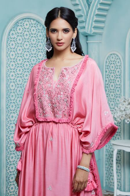 Aariyana Couture Peach Cotton, Silk Fringe Split V-neck Floral Embroidered Kaftan at Aza Fashions Aariyana Couture_Peach Cotton, Silk Fringe Split V-neck Floral Embroidered Kaftan_at_Aza_Fashions