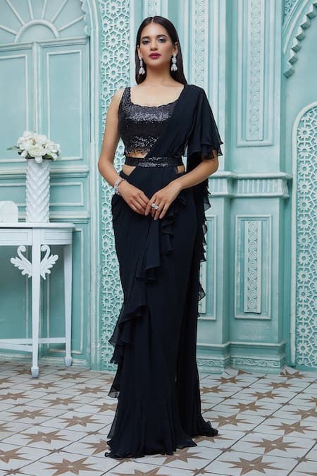 Aariyana Couture Black Viscose, Georgette Sequins Scoop Draped Ruffle Saree And Work Blouse Set Online at Aza Fashions Aariyana Couture_Black Viscose, Georgette Sequins Scoop Draped Ruffle Saree And Work Blouse Set_Online_at_Aza_Fashions