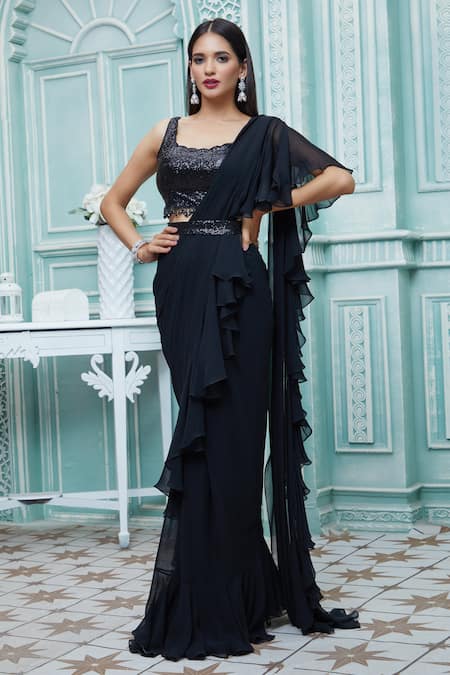Saree : Black georgette designer ruffle saree with handwork ...