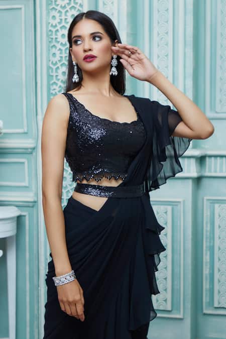 Aariyana Couture Black Viscose, Georgette Sequins Scoop Draped Ruffle Saree And Work Blouse Set at Aza Fashions Aariyana Couture_Black Viscose, Georgette Sequins Scoop Draped Ruffle Saree And Work Blouse Set_at_Aza_Fashions