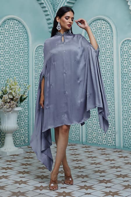 Buy_Ariyana By Aza_Grey Modal, Satin, Taffeta Cut Work, Beads, Mirrors Mandarin Asymmetric Kaftan _Online_at_Aza_Fashions