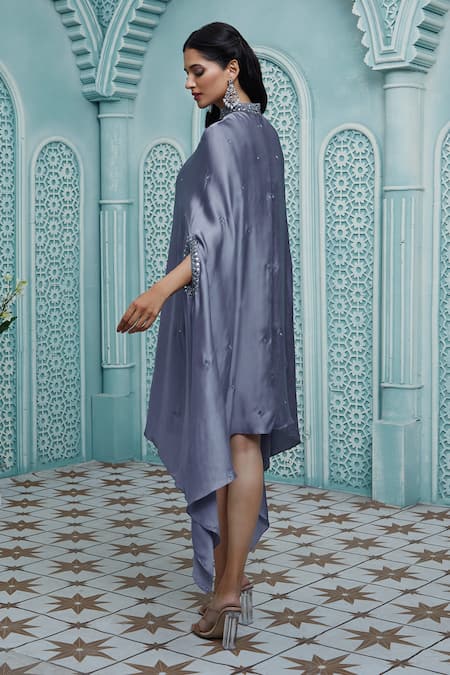 Ariyana By Aza_Grey Modal, Satin, Taffeta Cut Work, Beads, Mirrors Mandarin Asymmetric Kaftan _Online_at_Aza_Fashions