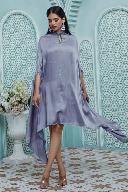 Ariyana By Aza_Grey Modal, Satin, Taffeta Cut Work, Beads, Mirrors Mandarin Asymmetric Kaftan _at_Aza_Fashions