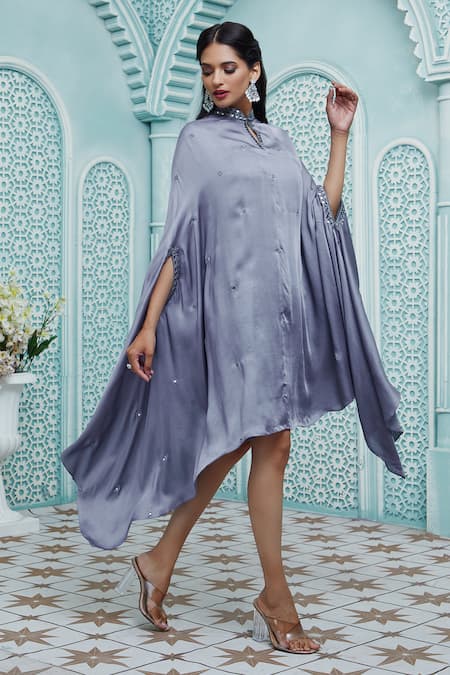 Shop_Ariyana By Aza_Grey Modal, Satin, Taffeta Cut Work, Beads, Mirrors Mandarin Asymmetric Kaftan _Online_at_Aza_Fashions