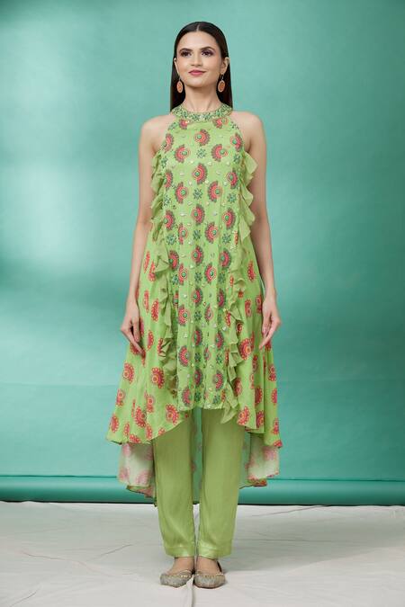 Riraan Couture_Green Georgette Ruffle Kurta And Pant Set_Online_at_Aza_Fashions