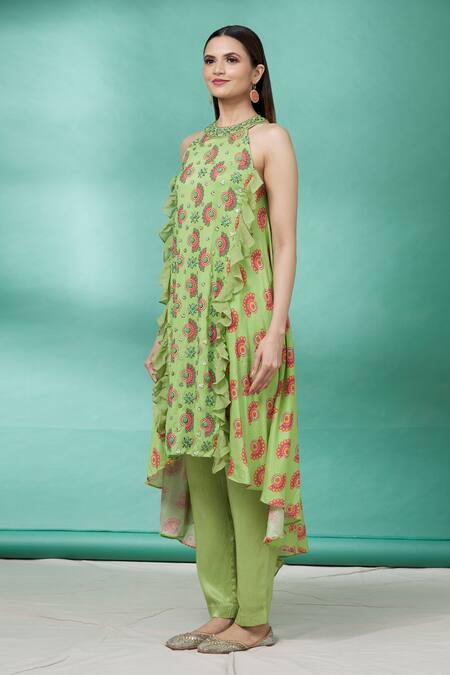 Buy_Riraan Couture_Green Georgette Ruffle Kurta And Pant Set_Online_at_Aza_Fashions